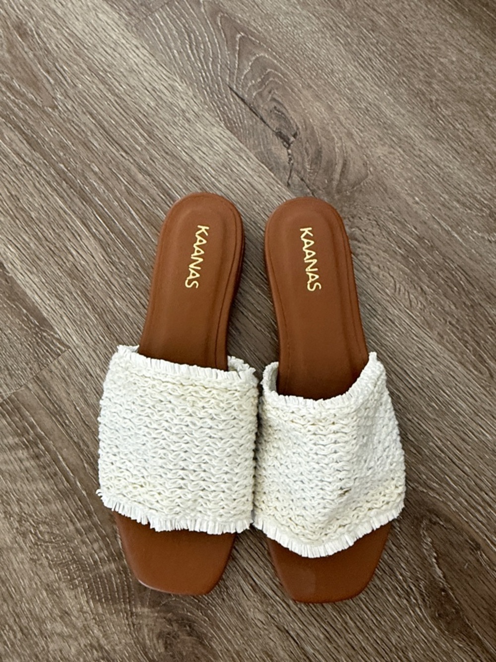 Kaanas Cream Woven Slide Mules with Brown Footbed